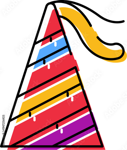 Colorful striped conical party hat celebrating a happy birthday event, featuring vibrant design and a flowing yellow ribbon, perfect for festive occasions