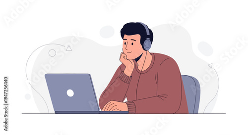 Young man with headphones working on laptop, looking thoughtful, modern illustration