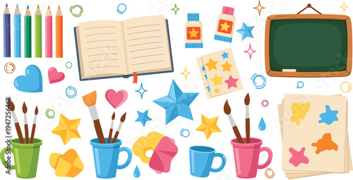 Kids Classroom Art Activity Supplies Vector Set Featuring Colored Pencils Sketchbook Paint Brushes Glue Stick Chalkboard Stickers and Creative School Elements