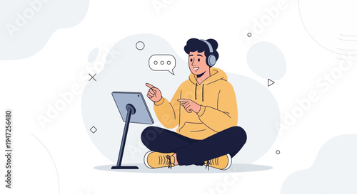 Young man with headphones learning online on a tablet, sitting cross-legged