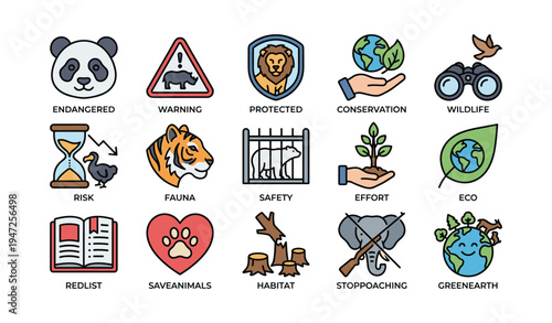 Conservation icons highlighting endangered wildlife and environmental protection efforts