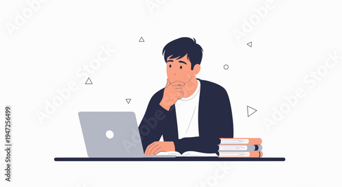 Thoughtful student with laptop and books, studying or working