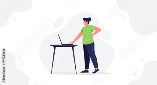 Woman Standing at Desk with Laptop, Working Remotely, Modern Office Style