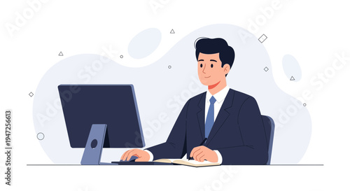Businessman working on computer at desk, modern office illustration