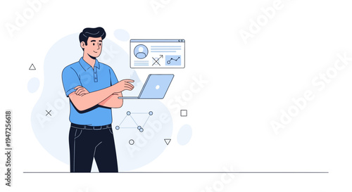 Man with laptop and data analytics dashboard, business concept, modern flat illustration