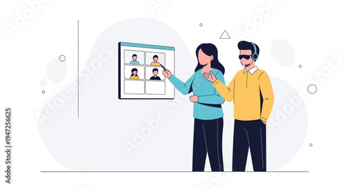 Online meeting with diverse participants and presenter pointing at screen