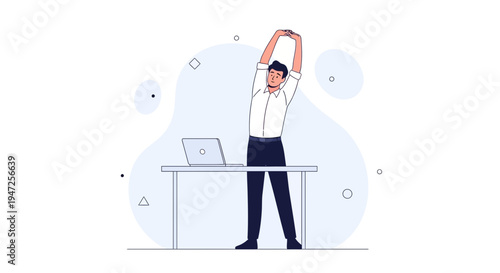 Man stretching arms at desk with laptop, office worker taking break, healthy lifestyle