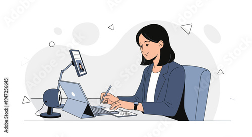 Woman working remotely with laptop, webcam, and tablet for video call
