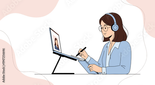Woman with headphones and glasses working on laptop, online learning, remote work