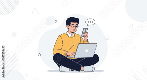 Young man with laptop and phone, working and communicating remotely, sitting cross-legged