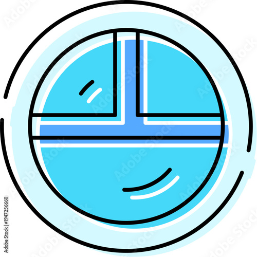 Round porthole window presenting a stylized marine view, featuring a blue circular frame with internal divisions and reflections, suitable for nautical themes and interface design