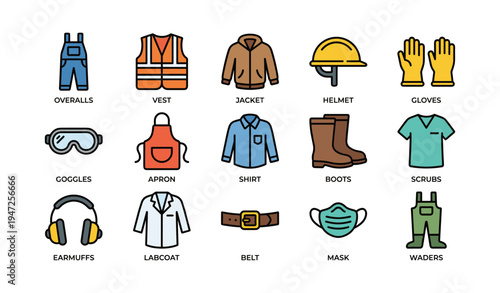 Personal protective equipment icons: overalls, jacket, helmet, gloves, goggles, apron, shirt, boots, scrubs