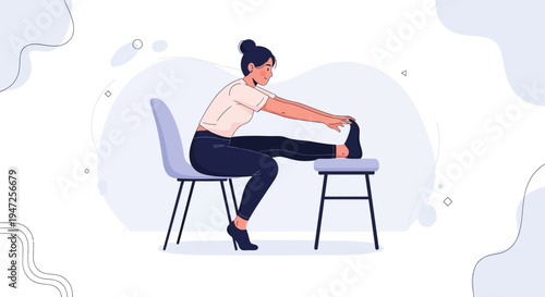 Woman stretching leg on stool, office or home workout, healthy lifestyle