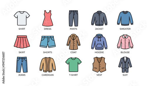 Colorful casual and formal clothing collection - shirts, pants, dresses, jackets, skirts, and more