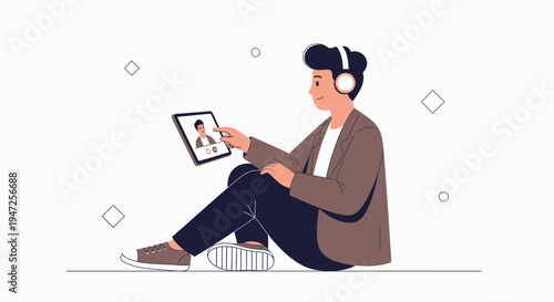 Young man in headphones video calling on tablet, sitting on floor with abstract shapes