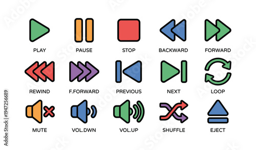 Colorful media control icons: play, pause, stop, rewind, shuffle, eject
