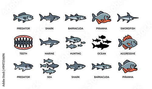 Predator fish icons: shark, barracuda, piranha, swordfish, ocean life