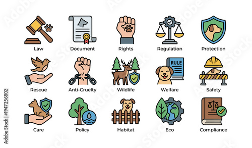 Animal welfare icons collection representing law, rights, wildlife, safety, and eco compliance