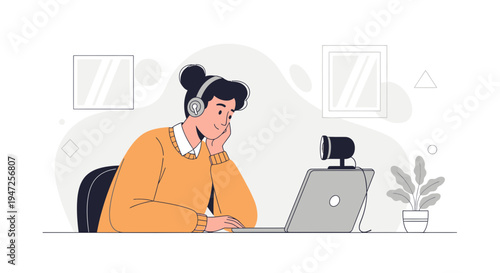 Bored person with headphones on video call, working from home, online meeting