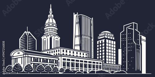 USA, US, U.S, United States - Charlotte modern skyline silhouettes minimalist monochrome panorama black and white