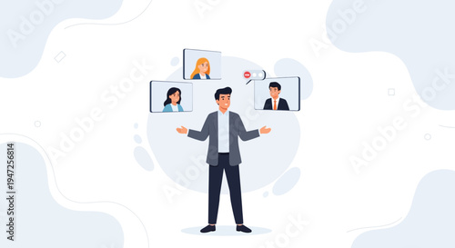 Businessman juggling virtual team members and communication icons, remote work concept