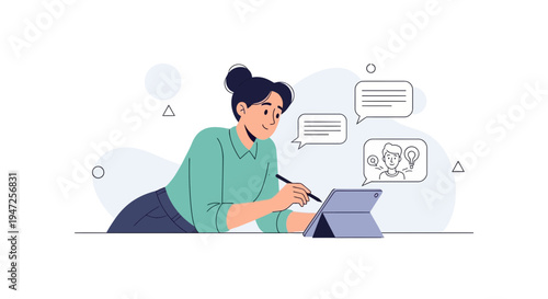 Woman using tablet for online communication, learning, and remote work