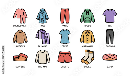 Colorful casual clothing collection: loungewear, pajamas, hoodies, dresses, cardigans
