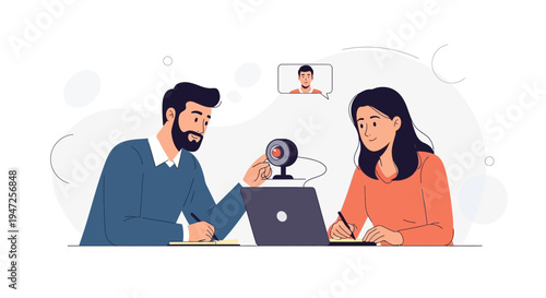 Online Meeting: Two People Video Conferencing with Webcam and Laptop