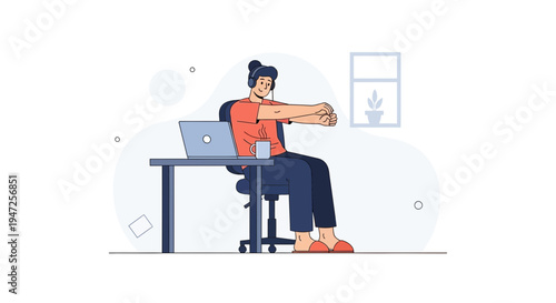 Man stretching at desk with laptop, working from home, listening to music