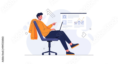 Man working on laptop with presentation screen showing charts and profiles