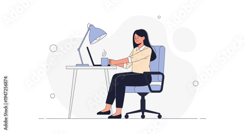 Woman working on laptop at desk with lamp and coffee, modern office illustration