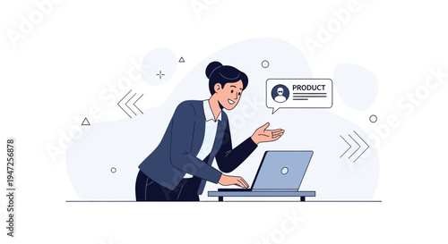 Businesswoman in video call, discussing product with client on laptop, online meeting