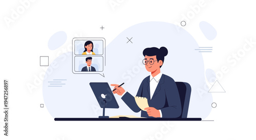 Businesswoman in video conference, remote work, online meeting, teamwork, modern office