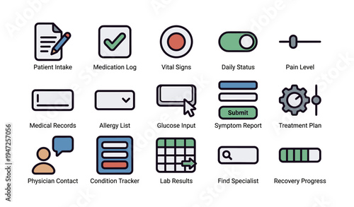 Medical app icons set with vital signs, medication log, patient intake, symptom report