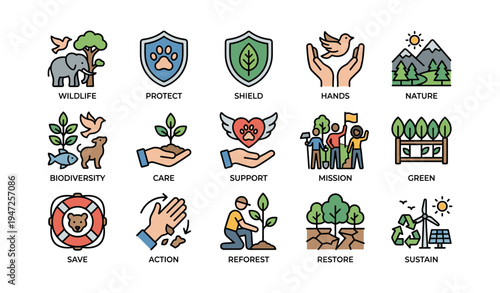 Environmental conservation icons depicting wildlife protection and green initiatives