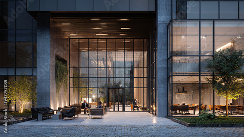 modern glass office building entrance illuminated at dusk showcasing contemporary architecture and corporate headquarters design