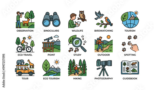 Wildlife observation icons: birdwatching, hiking, eco tourism, outdoor exploration