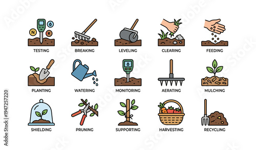 Gardening tasks illustration: planting, watering, harvesting, pruning, recycling