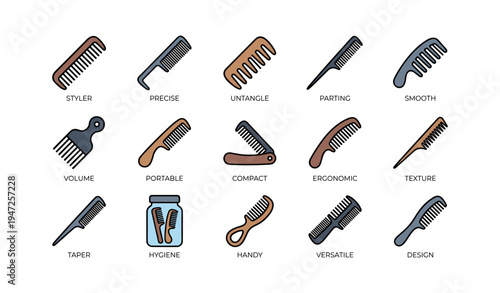 Various combs collection: styler, precise, untangle, parting, smooth