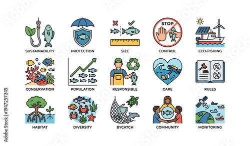 Sustainable fishing icons: conservation, eco-fishing, and community protection