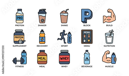 Fitness and nutrition icons featuring protein, shaker, muscle building, and workout elements