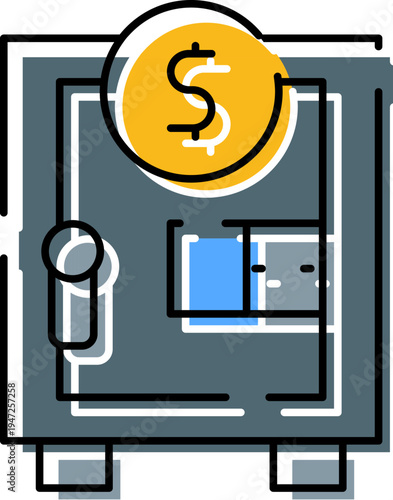 Stylized safe box holding a dollar coin, symbolizing financial security, wealth preservation, solid investment, and protected assets for banking and personal finance