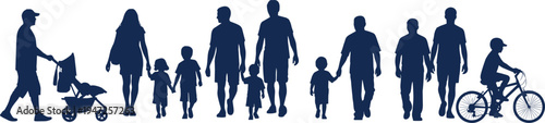 Family, silhouettes, parents, children, walking, stroller, bicycle, parenting, togetherness, love, care, lifestyle, motherhood, fatherhood, kids, people, bonding, childhood, relationship, collection