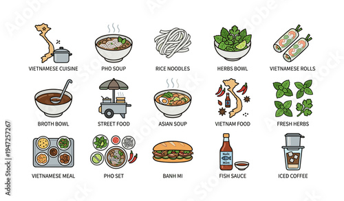 Vietnamese cuisine icons: pho, rice noodles, fresh herbs, banh mi, iced coffee