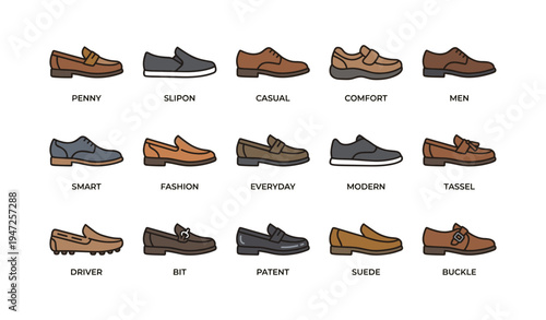 Variety of men's loafers featuring penny slips casual comfort styles