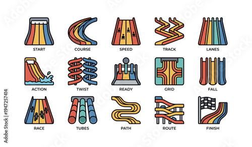 Colorful icon set of various slides and tracks with labeled sections for activity enthusiasts