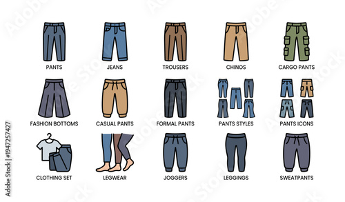 Collection of pants and legwear icons including jeans, chinos, and leggings