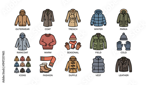 Variety of outerwear and seasonal clothing icons for fashion and warmth