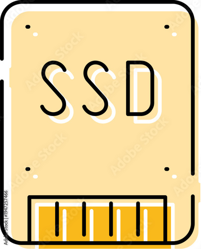 Solid state drive - ssd - icon with yellow and black outlines illustrating modern computer hardware for fast data storage and high performance computing, representing speed and efficiency