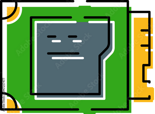 Electronic hardware component illustrating a central processing unit microchip, symbolizing computing power, advanced technology, data processing, and digital innovation in a simple flat style